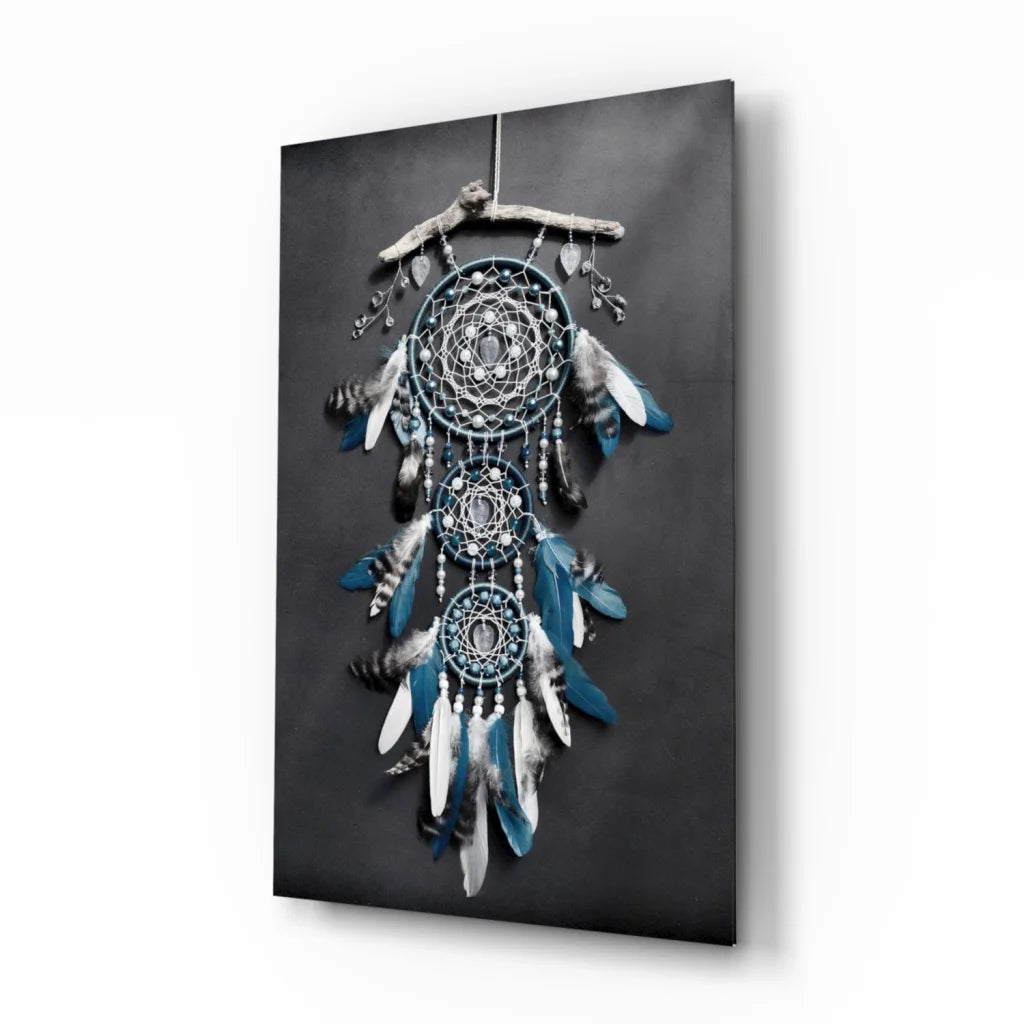 Stunning teal dreamcatcher glass wall art with woven webbing, blue feathers, silver beads