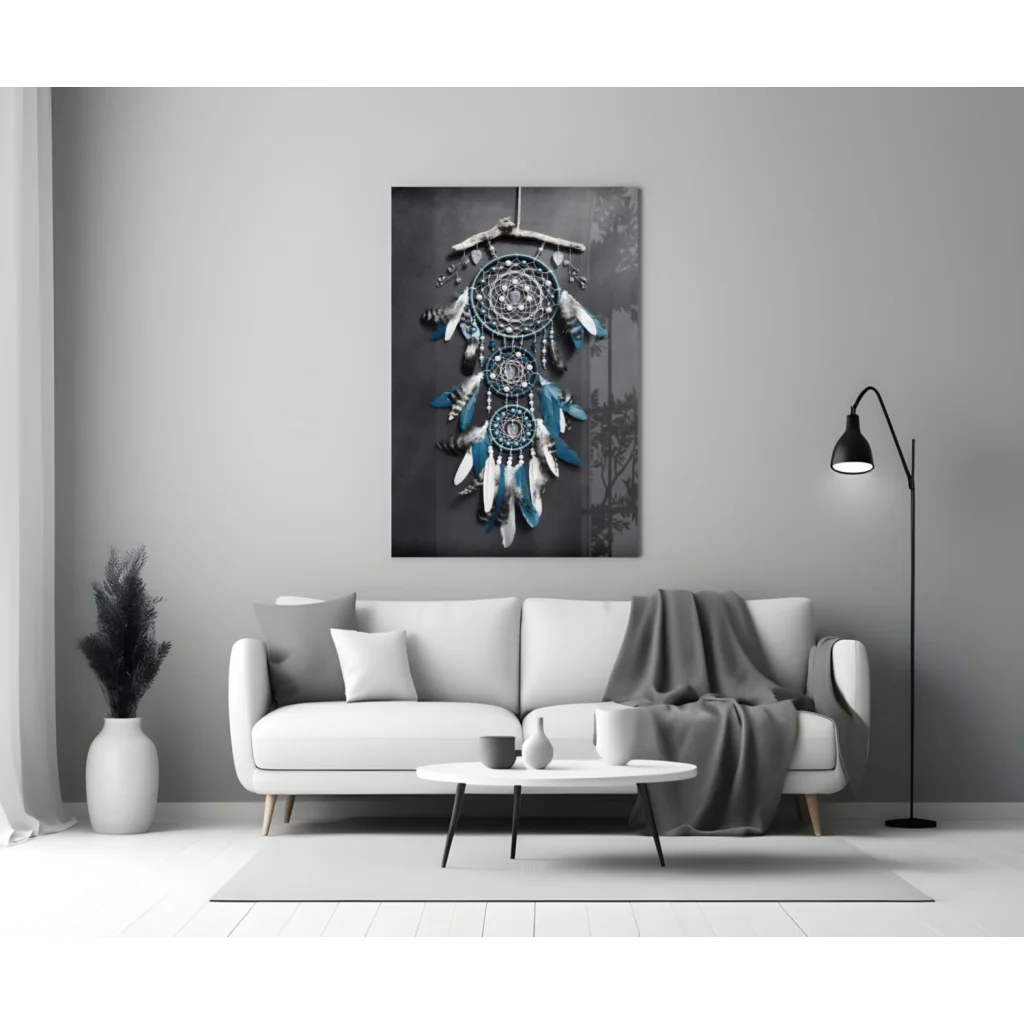 Stunning teal dreamcatcher wall art canvas print with feathers and beads