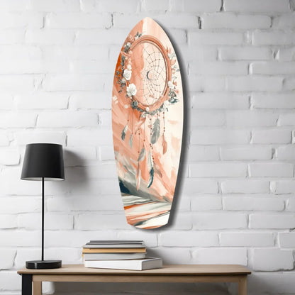 Peach dreamcatcher surfboard tempered glass art with white flowers and feathers