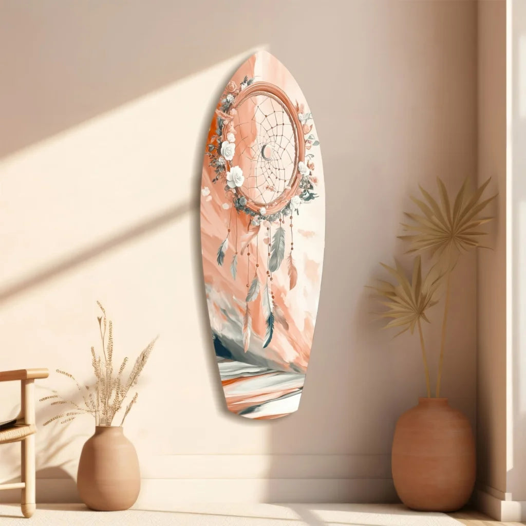 Peach dreamcatcher surfboard tempered glass art with florals