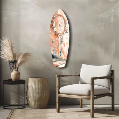 Peach dreamcatcher surfboard tempered glass art with florals