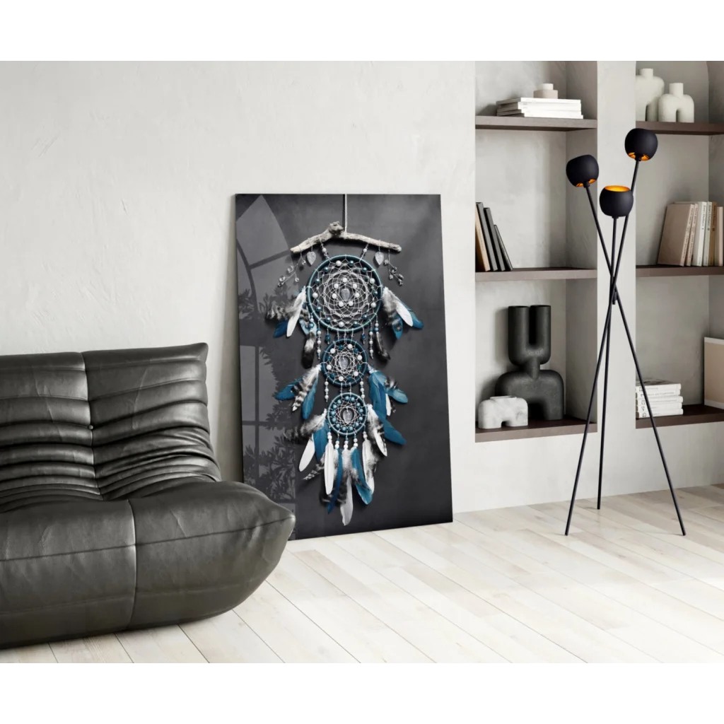 Stunning teal dreamcatcher wall art with feathers and beads on black canvas
