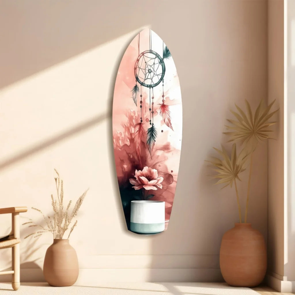 Dreamcatcher surfboard tempered glass art with pink floral patterns