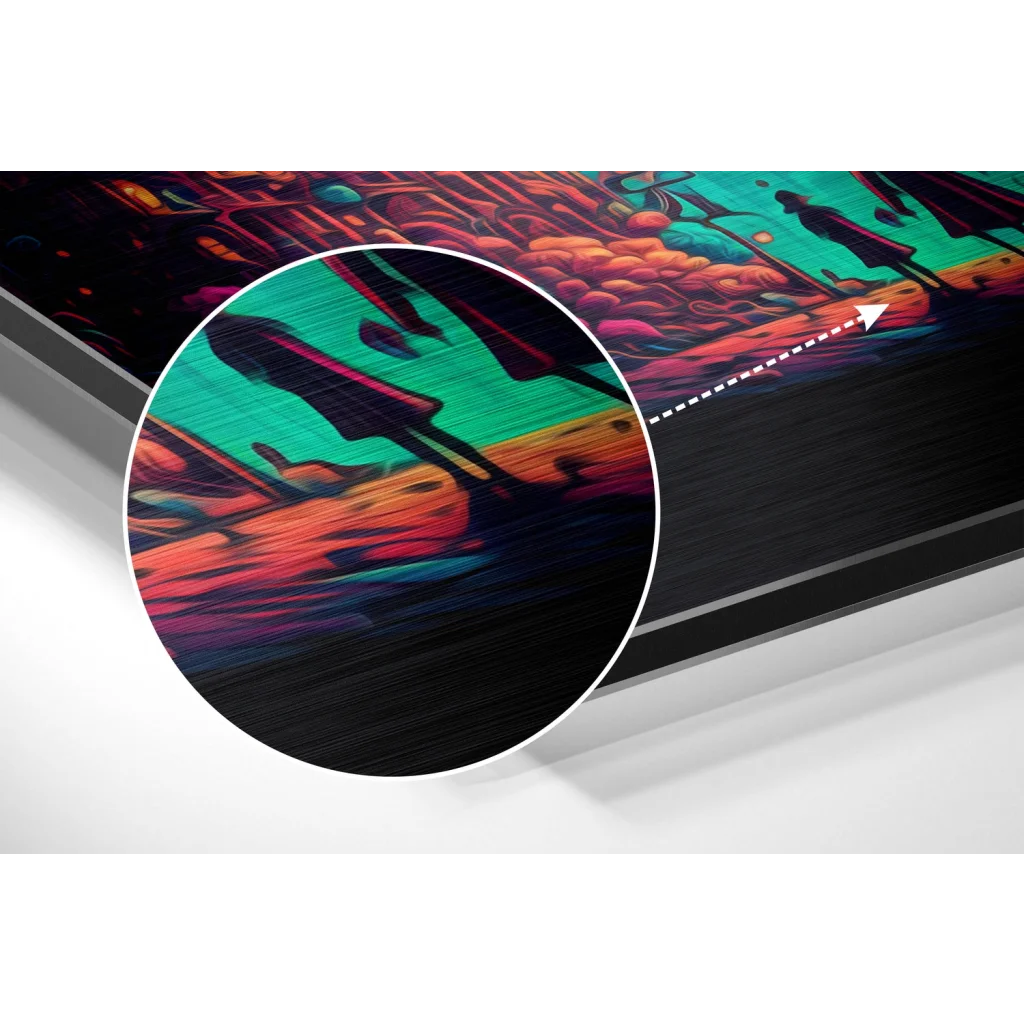 Vibrant neon cyberpunk city on brushed aluminium dibond print