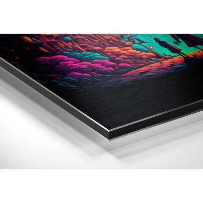 Vibrant neon cyberpunk city on brushed aluminium dibond print