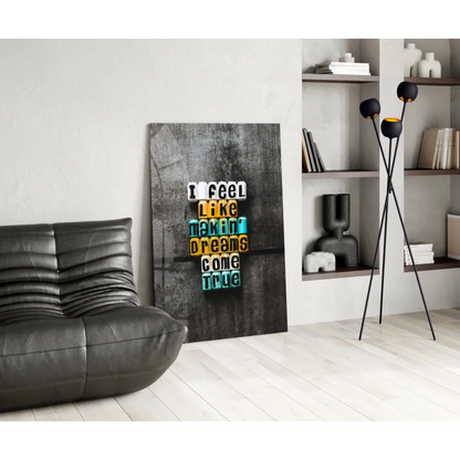 Modern black leather sofa with Dream Maker glass wall art canvas