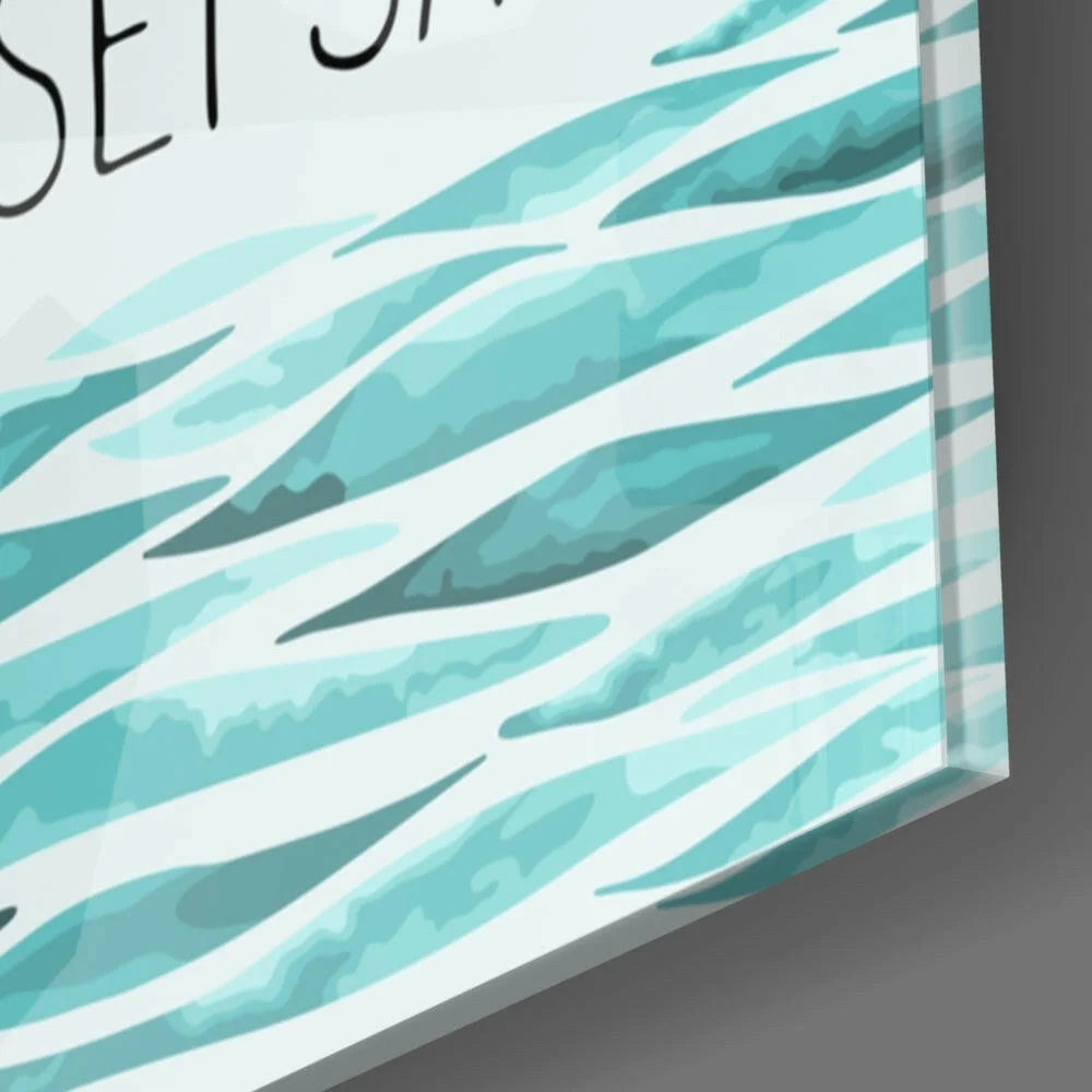 Teal ocean wave glass wall art canvas print with Set Sail Dreams