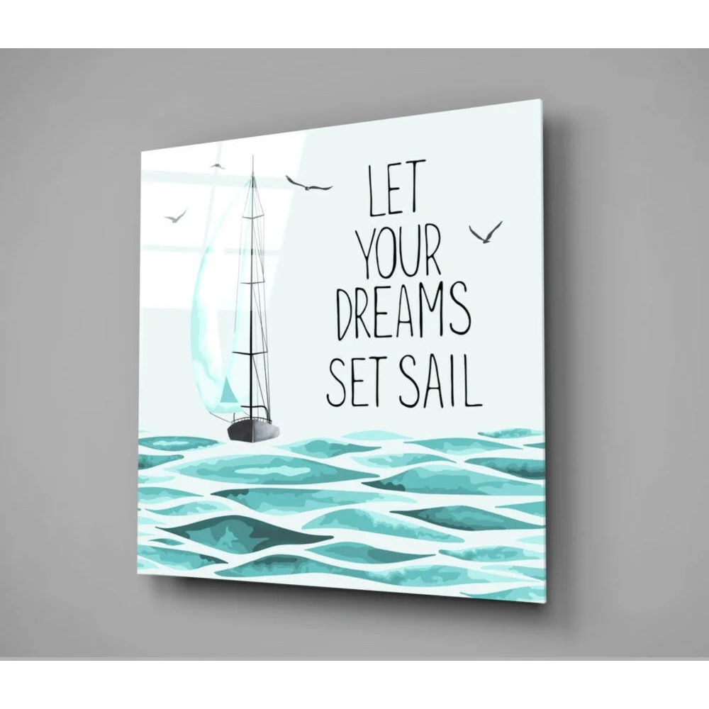 Stylized sailboat on teal water wall art canvas print Let Your Dreams Set Sail