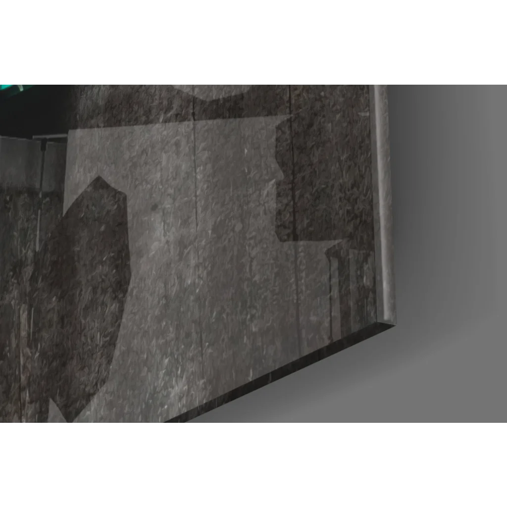 Dream Maker glass wall art on dark gray stone slab with textured seams