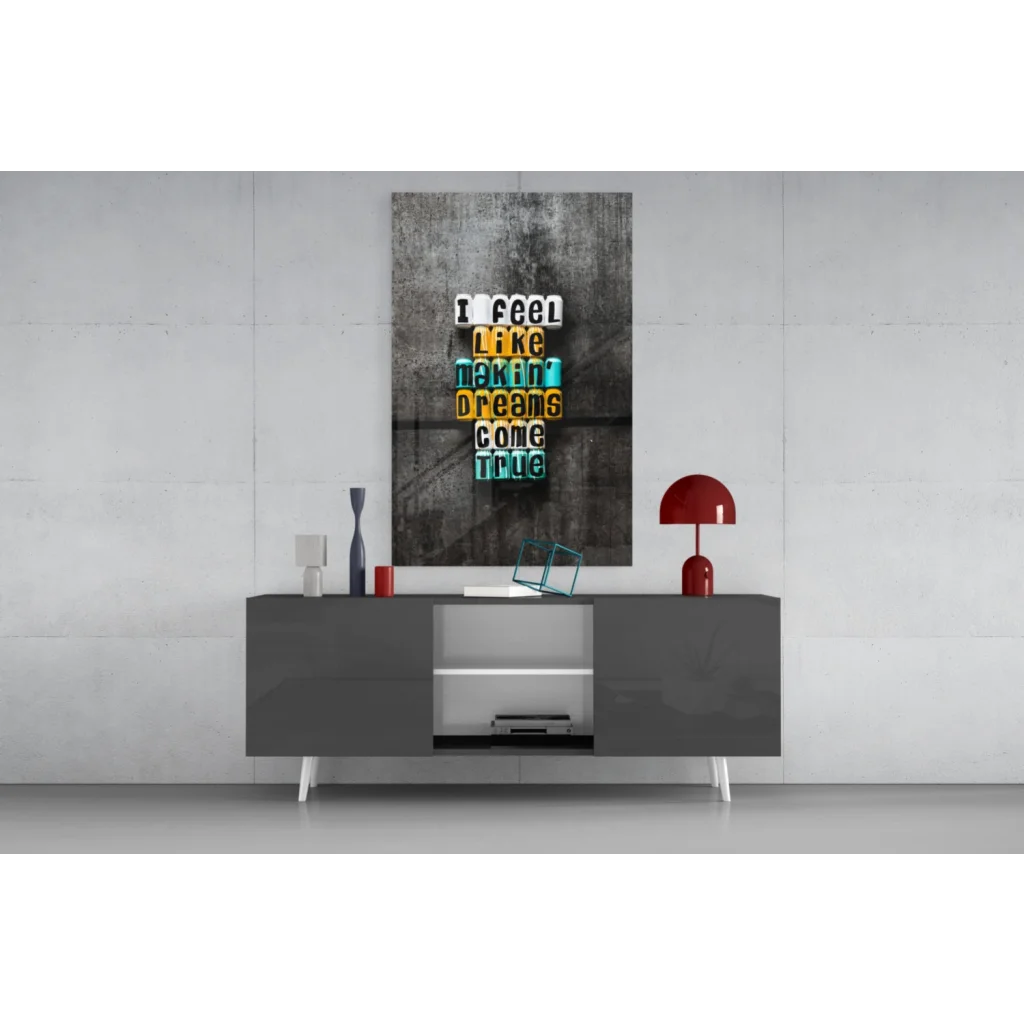 Sleek gray console table with glass wall art canvas in bold 3D letters