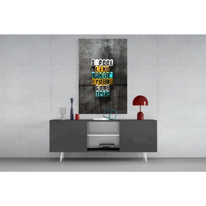 Sleek gray console table with glass wall art canvas in bold 3D letters