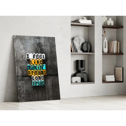 Dream Maker glass wall art with 3D colorful tiles on dark canvas spelling i feel like makin dreams come true