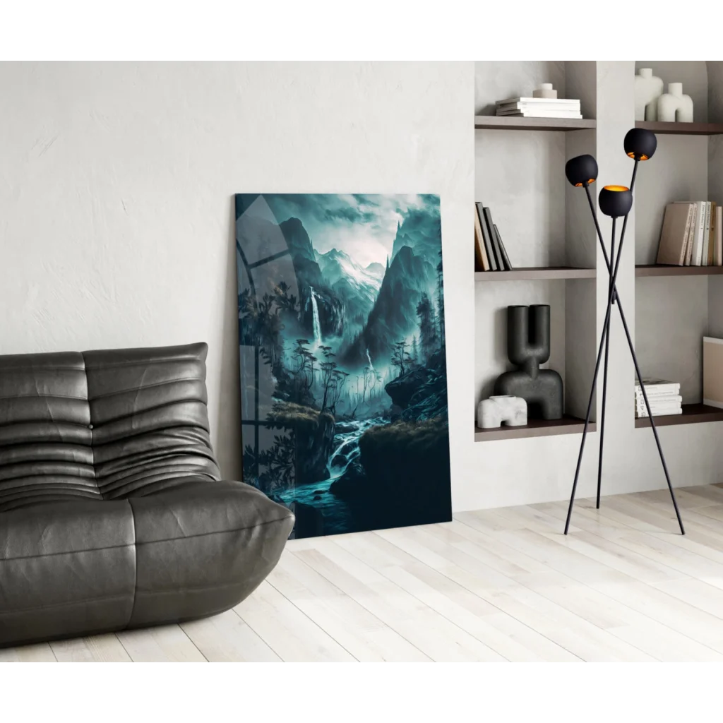 Misty mountain glass wall art with teal waterfalls and forest