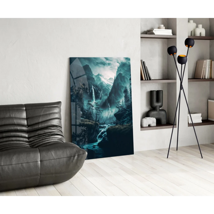 Misty mountain glass wall art with teal waterfalls and forest