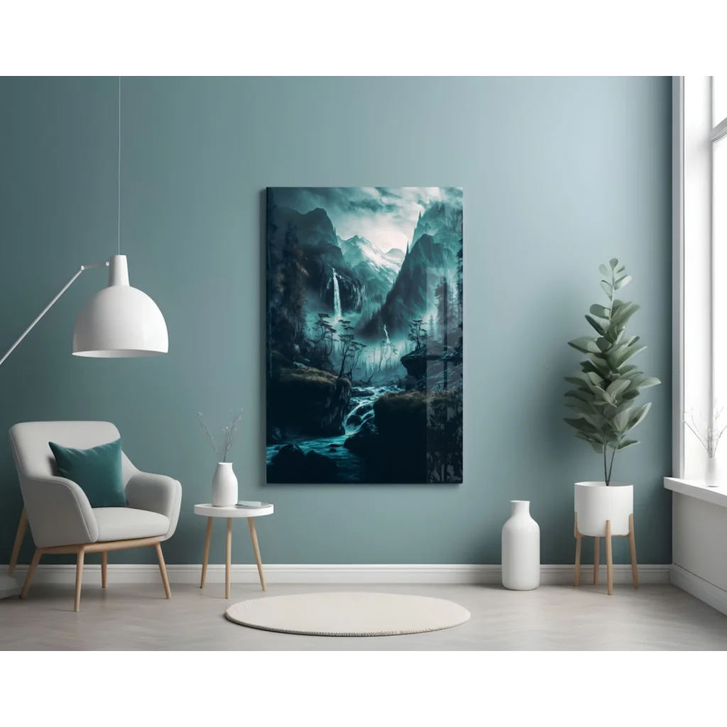 Misty mountain glass wall art with teal waterfalls and misty peaks