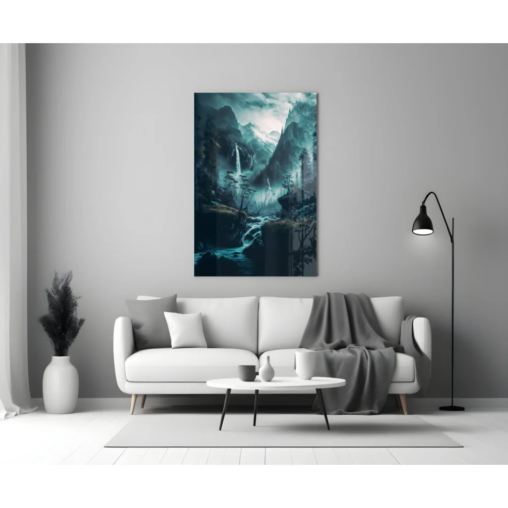 Misty Mountain glass wall art with teal waterfalls and misty forest