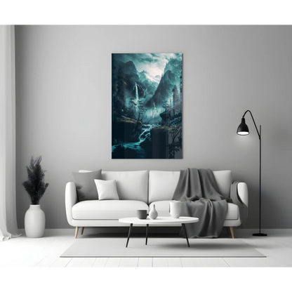 Misty Mountain glass wall art with teal waterfalls and misty forest
