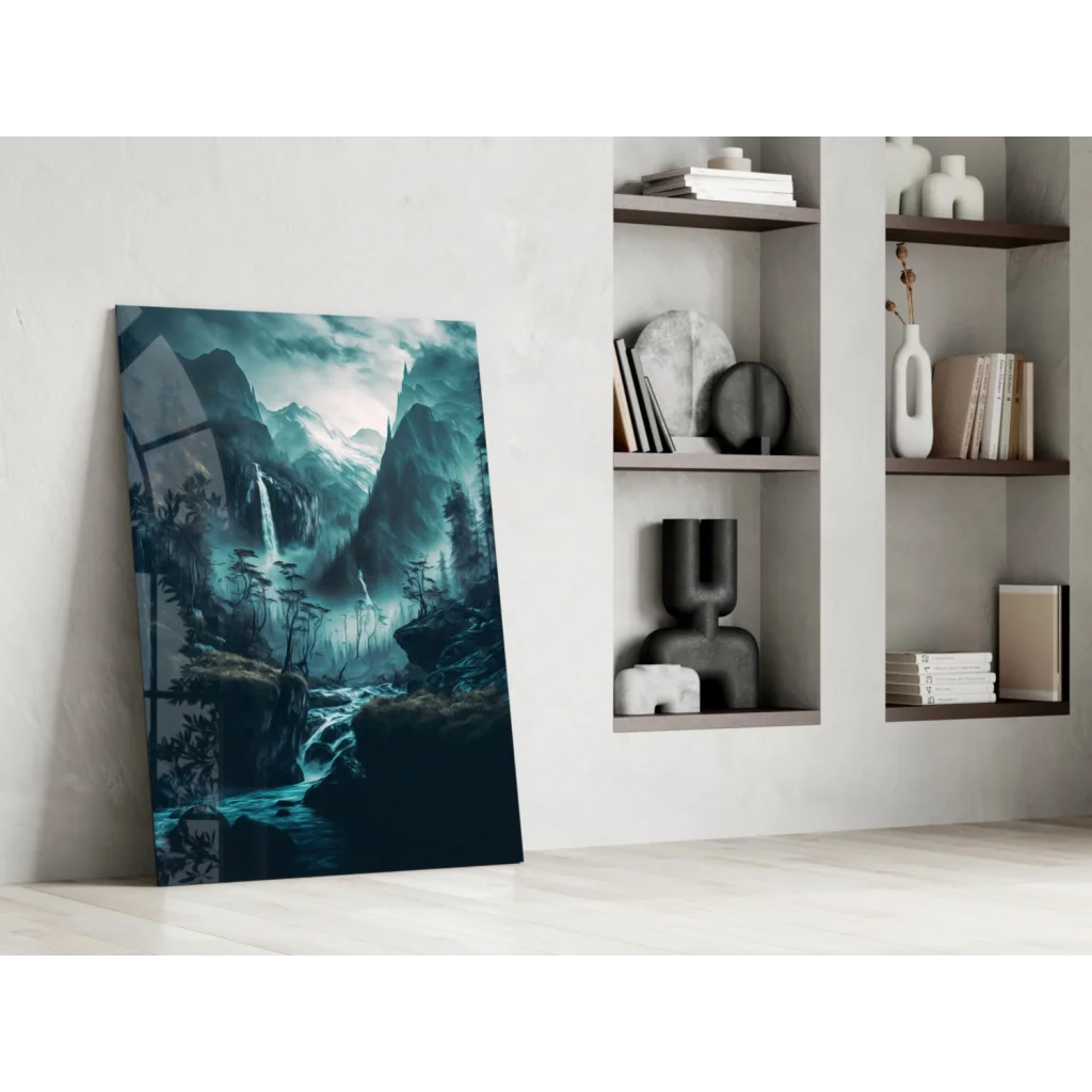 Misty mountain glass wall art with teal waterfalls on textured canvas