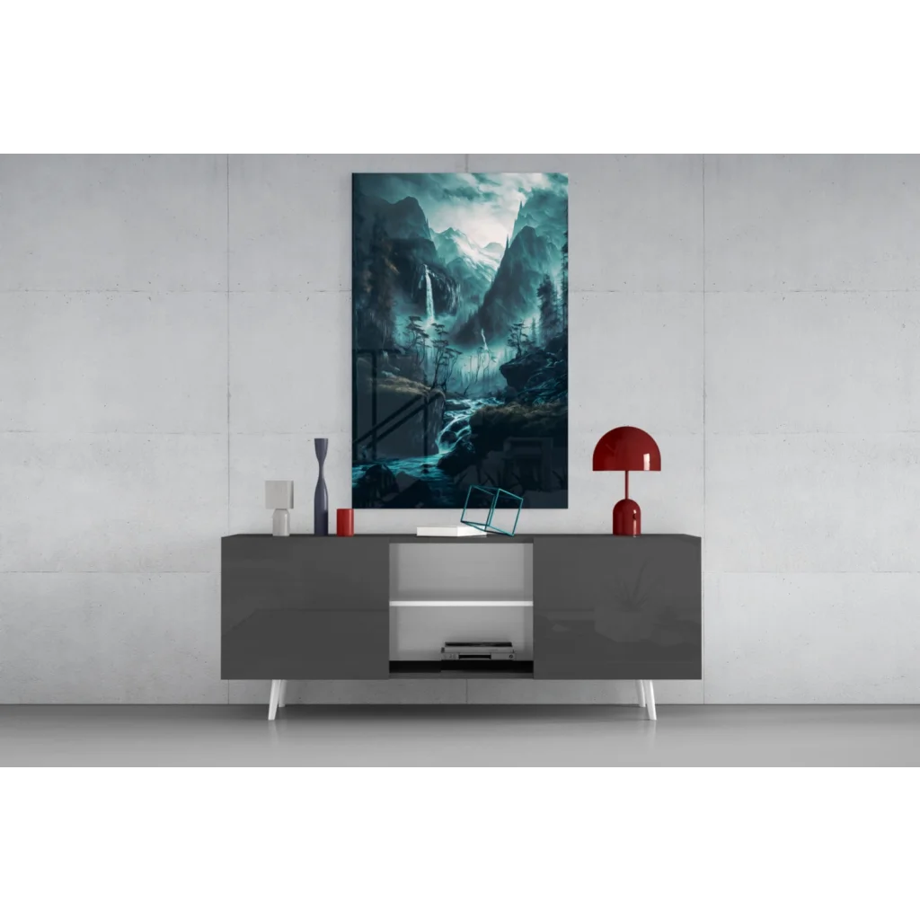 Misty mountain glass wall art with teal waterfalls and misty valley