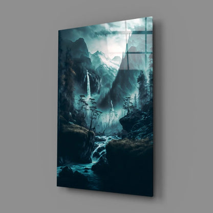 Sleek misty mountain glass wall art with teal waterfalls