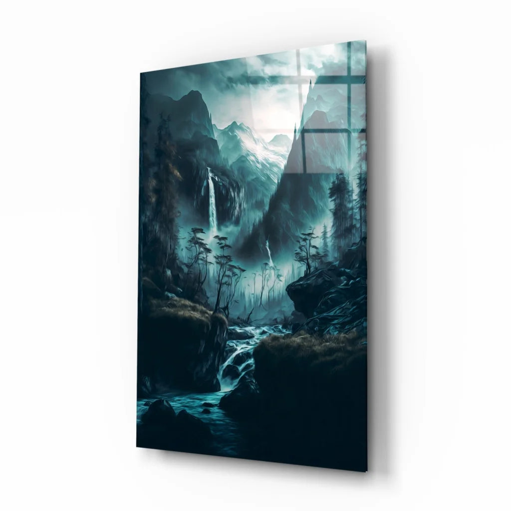 Sleek misty mountain glass wall art with teal waterfalls