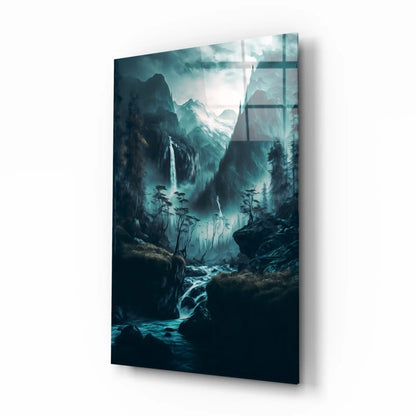 Sleek misty mountain glass wall art with teal waterfalls