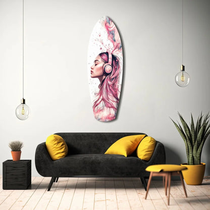 Dreamwave Beats tempered glass surfboard art with pink-haired woman