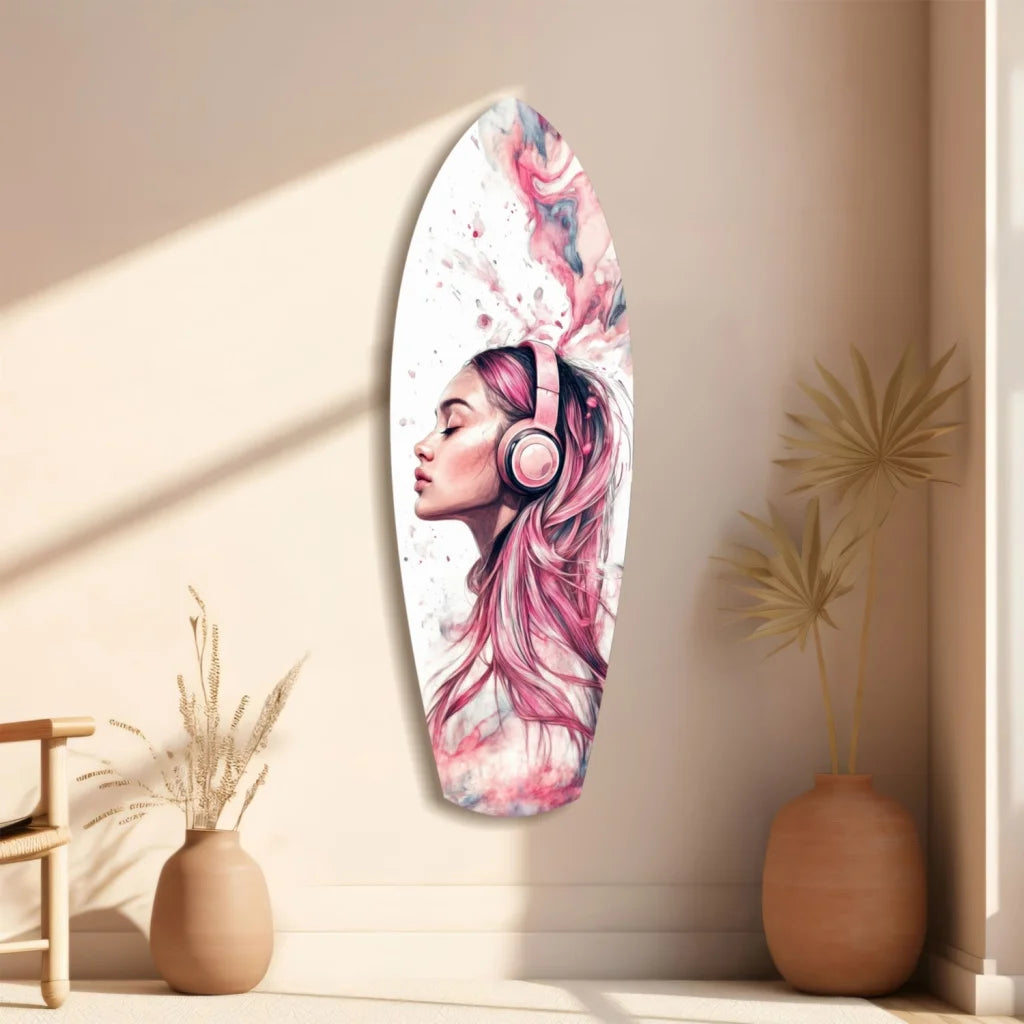 Dreamwave Beats tempered glass art surfboard with pink-haired woman illustration