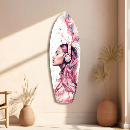 Dreamwave Beats tempered glass art surfboard with pink-haired woman illustration