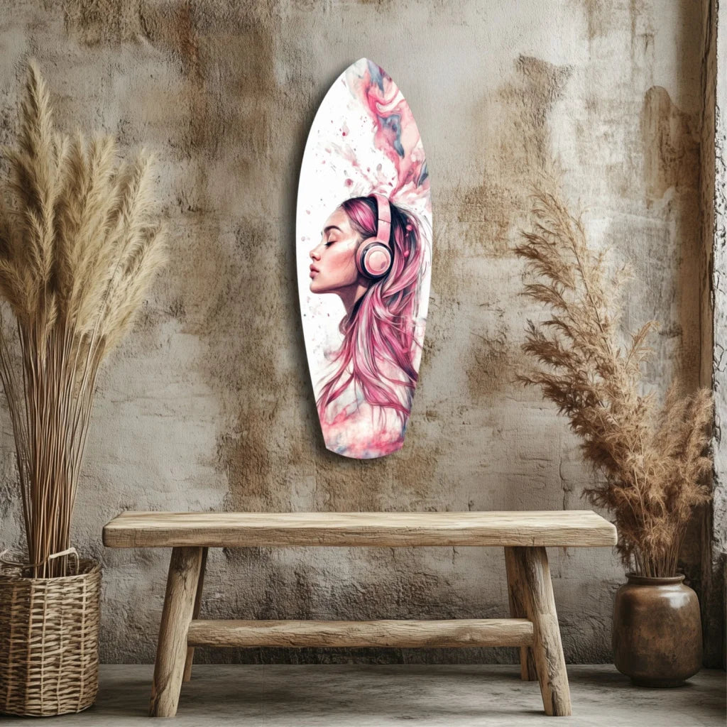 Vibrant pink tempered glass art surfboard with woman in headphones