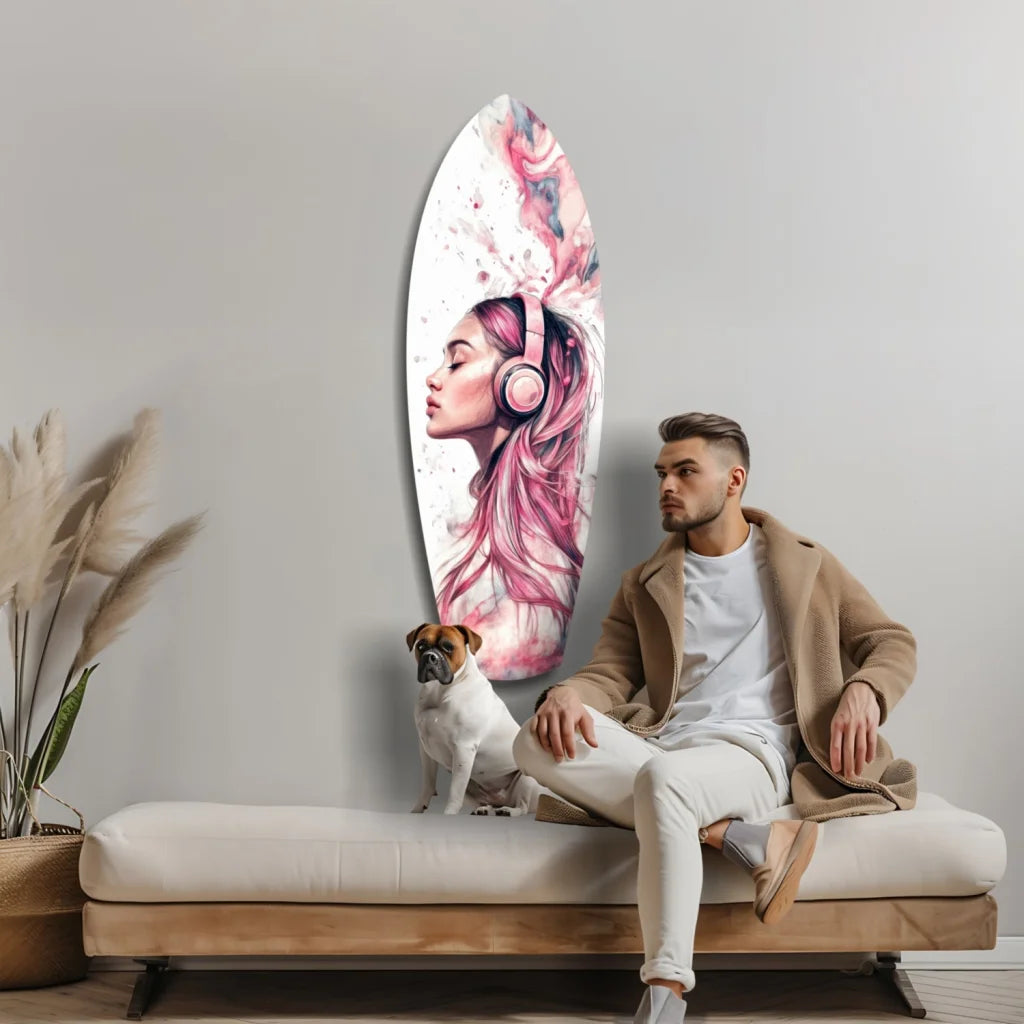 Vibrant pink tempered glass art surfboard wall piece with woman in headphones