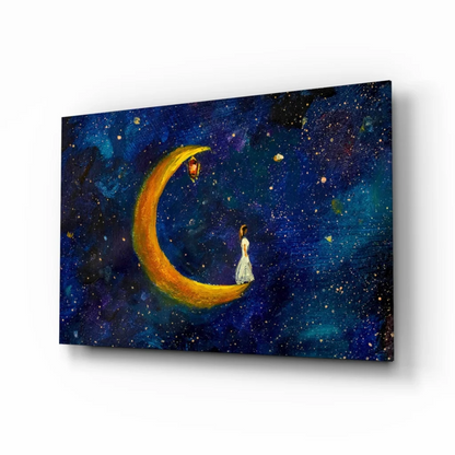 Dreamy crescent moon starry night canvas wall art with seated figure