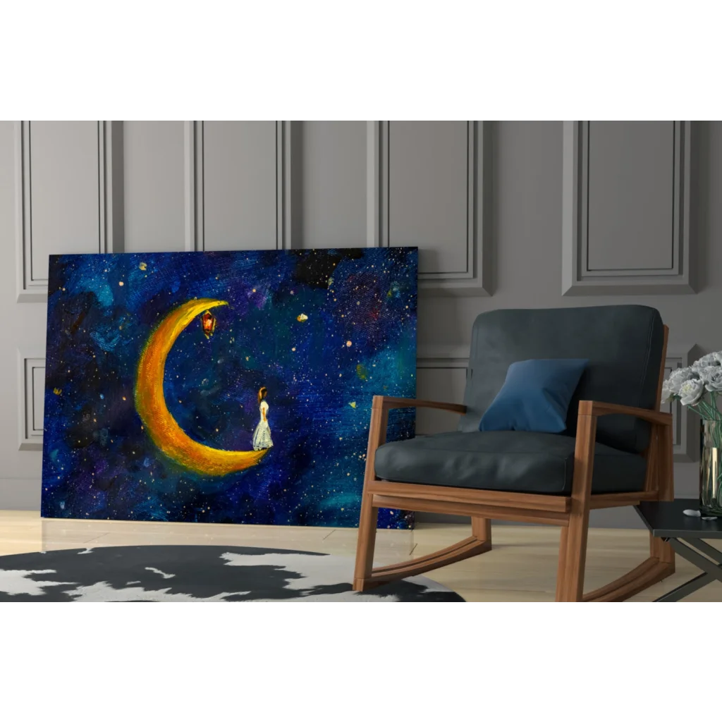 Dreamy crescent moon starry night canvas wall art with white dress figure