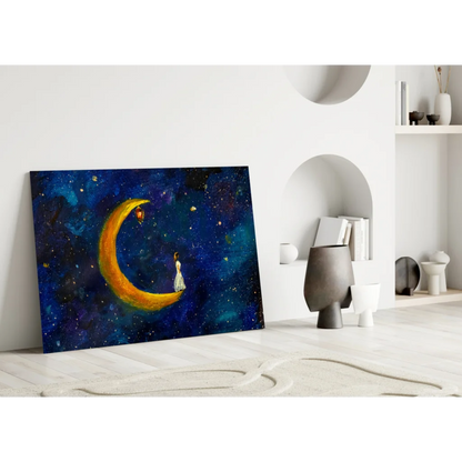 Dreamy crescent moon starry night canvas wall art with floating figures