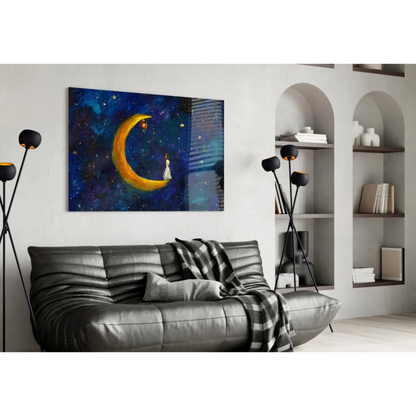 Dreamy crescent moon starry night canvas wall art with stars and figure