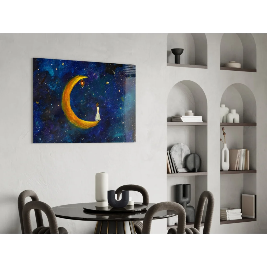 Dreamy crescent moon starry night glass wall art in gold blue hues