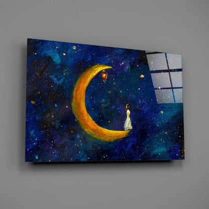 Dreamy crescent moon starry night canvas wall art with golden hue