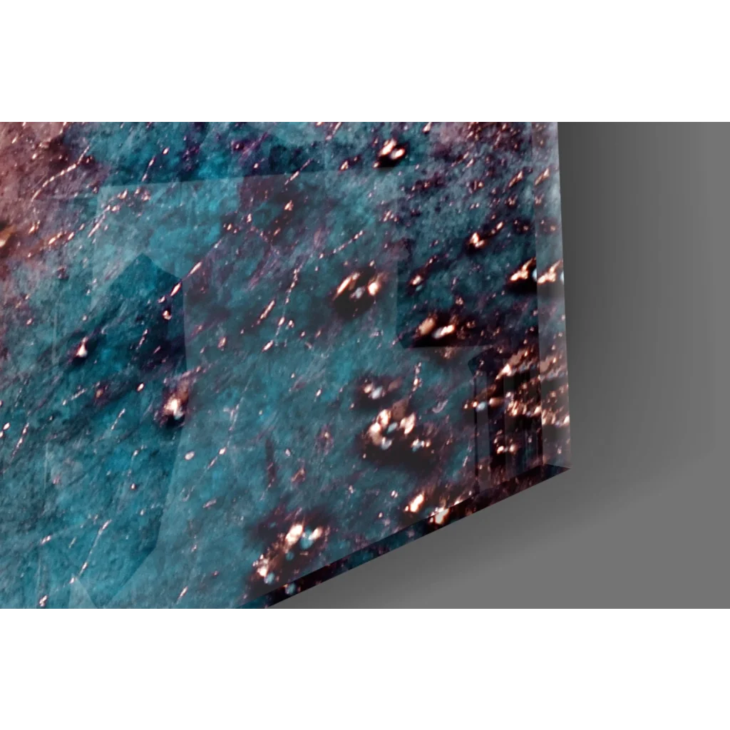 Sleek modern glass wall art with vibrant teal and copper abstract screen
