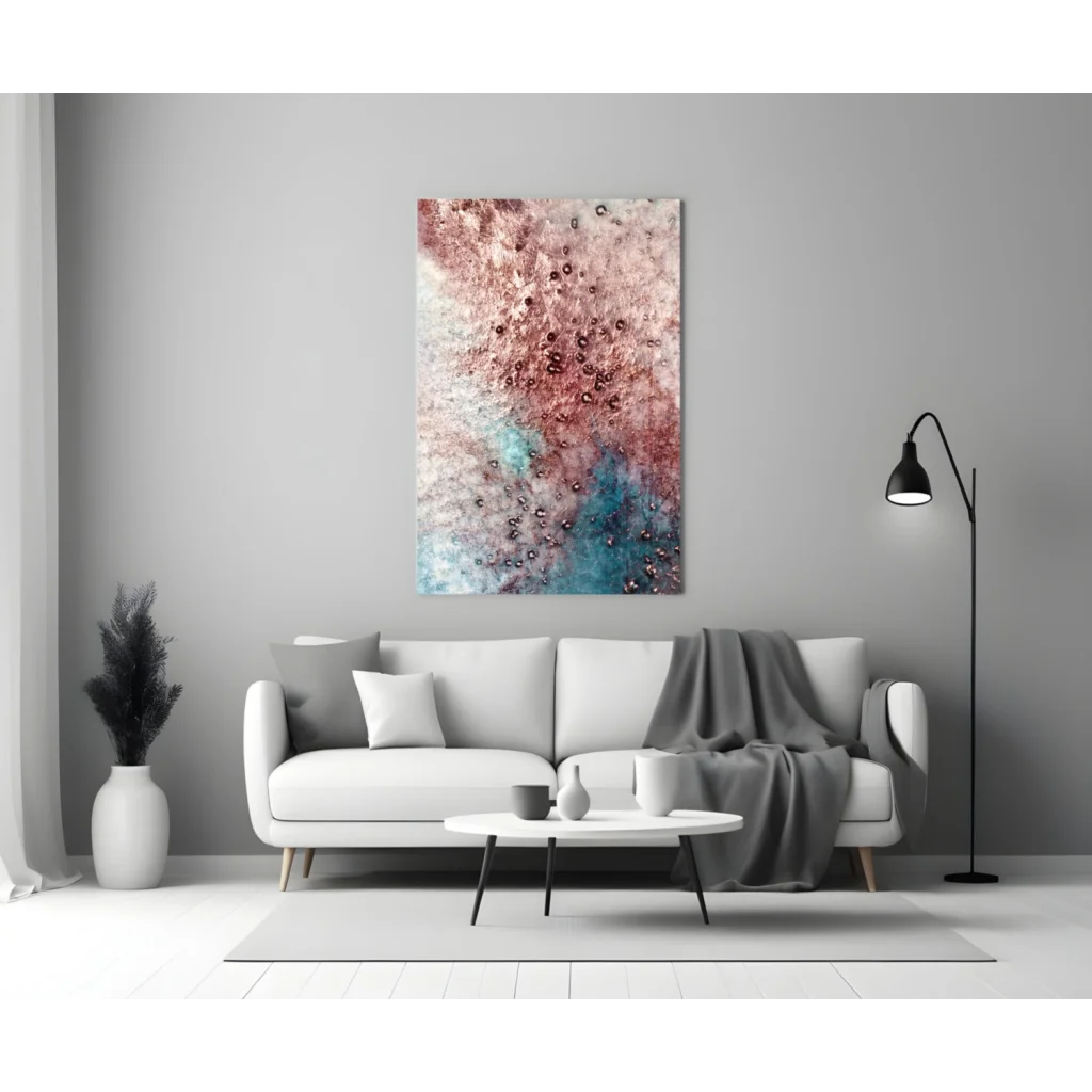 Dreamy rose gold teal abstract canvas wall art with pink teal hues and dark dots