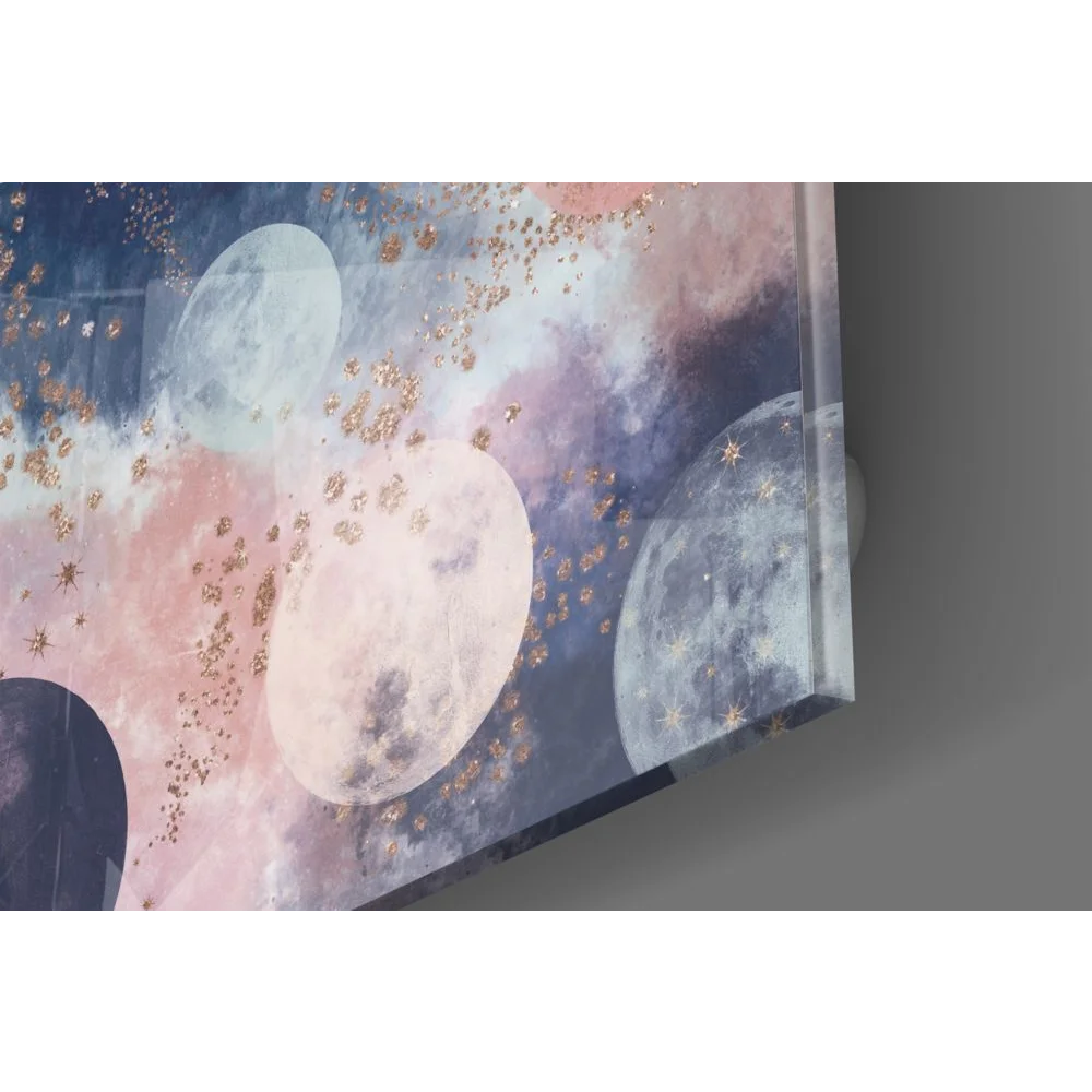 Cosmic moons tempered glass art with pink blue hues and gold glitter