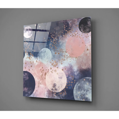 Cosmic moons tempered glass art with gold glitter stars