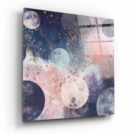 Dreamy cosmic moons in tempered glass art with gold glitter stars