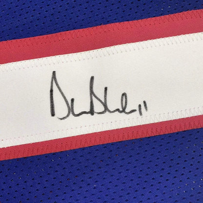 Framed Drew Bledsoe signed blue mesh jersey with stripes