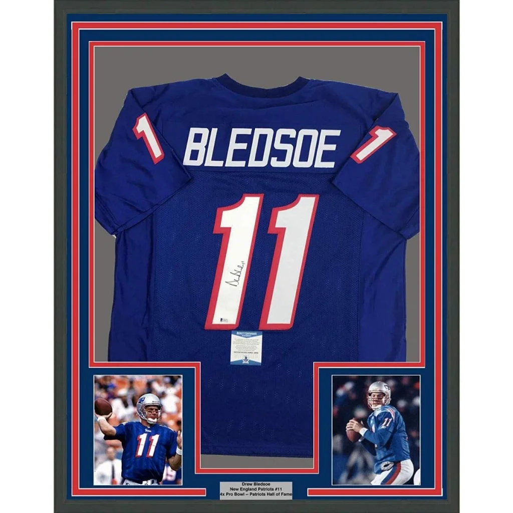 Drew Bledsoe autographed blue framed NFL jersey with number 11