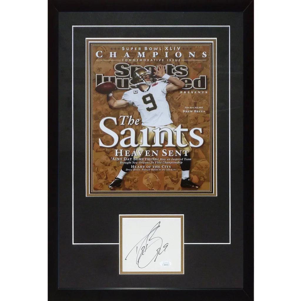 Black-framed drew brees autographed new orleans saints framed 11x14 super bowl si poster celebrating victory