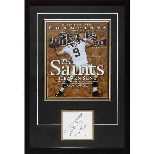 Black-framed drew brees autographed new orleans saints framed 11x14 super bowl si poster celebrating victory