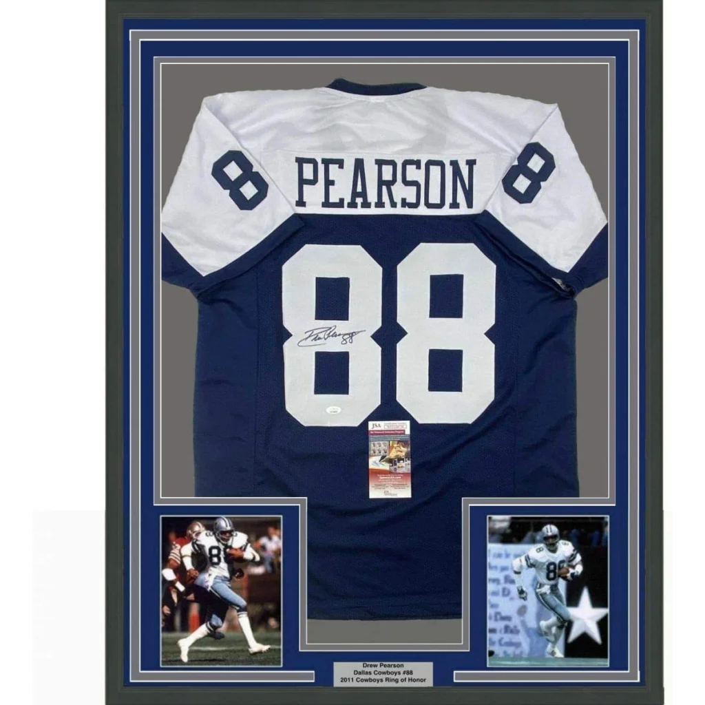 Framed Drew Pearson autographed Dallas Cowboys #88 jersey with photos and plaque for man cave