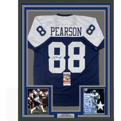 Framed Drew Pearson autographed Dallas Cowboys #88 jersey with photos and plaque for man cave