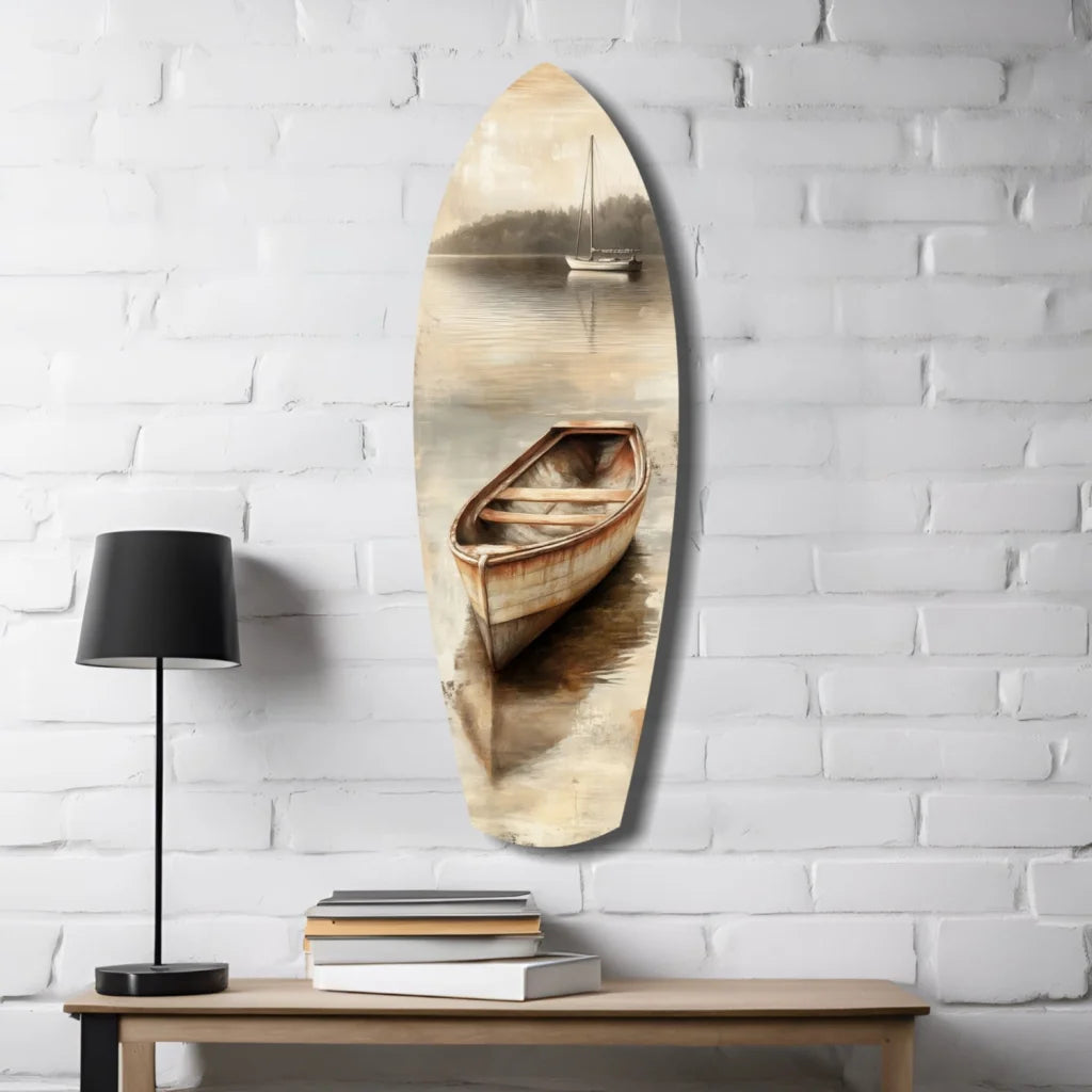Surfboard Tempered Glass Art with Serene Boat Scene | Contemporary Home Wall Art | vintageantiquesgifts.com