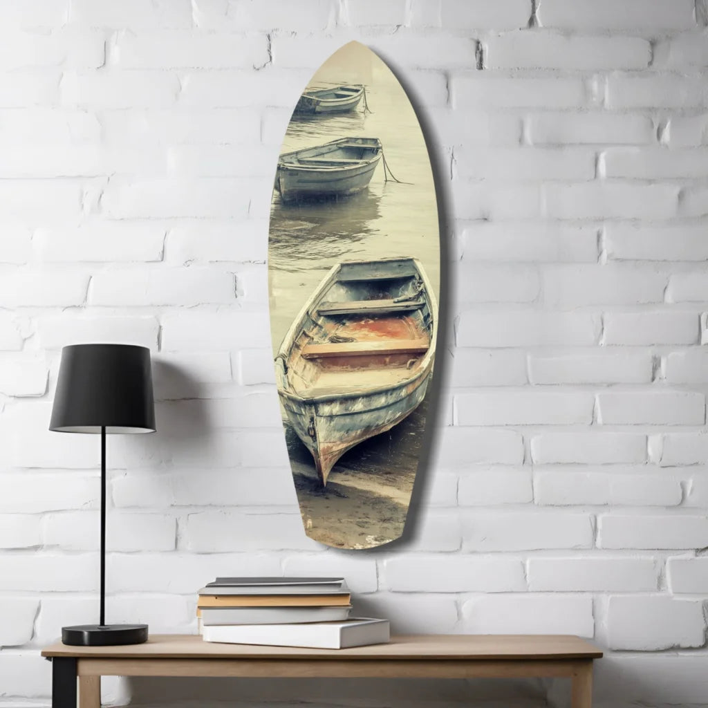 Vintage Surfboard Tempered Glass Art with Weathered Boats Scene | Contemporary Home Wall Art | vintageantiquesgifts.com
